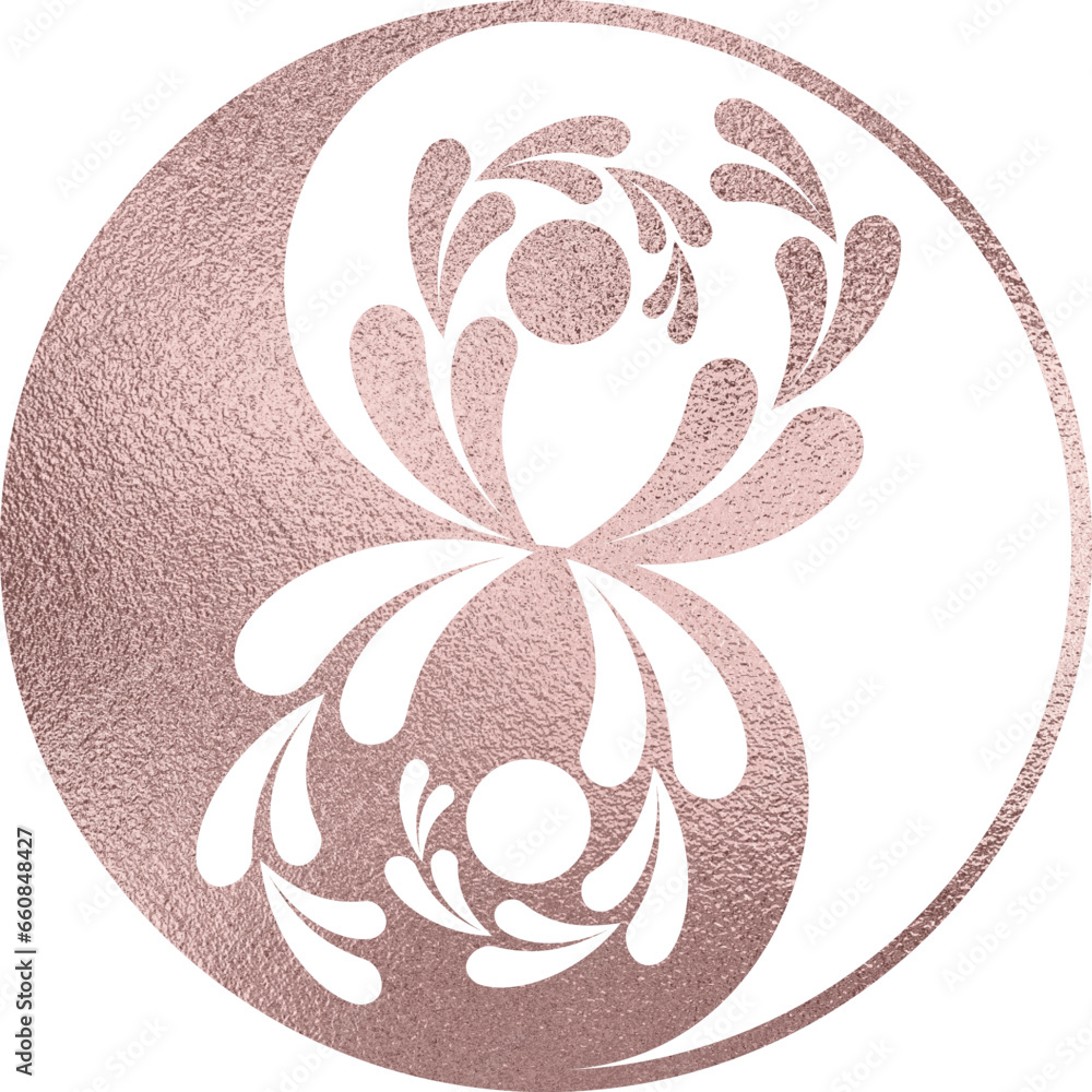 yin yang mit Pflanze in rosegold mit transparentem Hintergrund  - obrazy, fototapety, plakaty 
