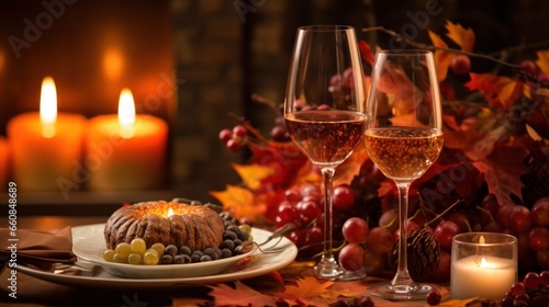 A Thanksgiving table adorned with autumn leaves and candles  creating a festive setting.