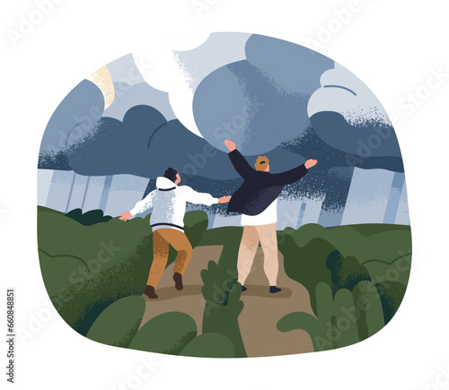 Rainy clouds in cloudy sky landscape. People walking in nature, looking at st...