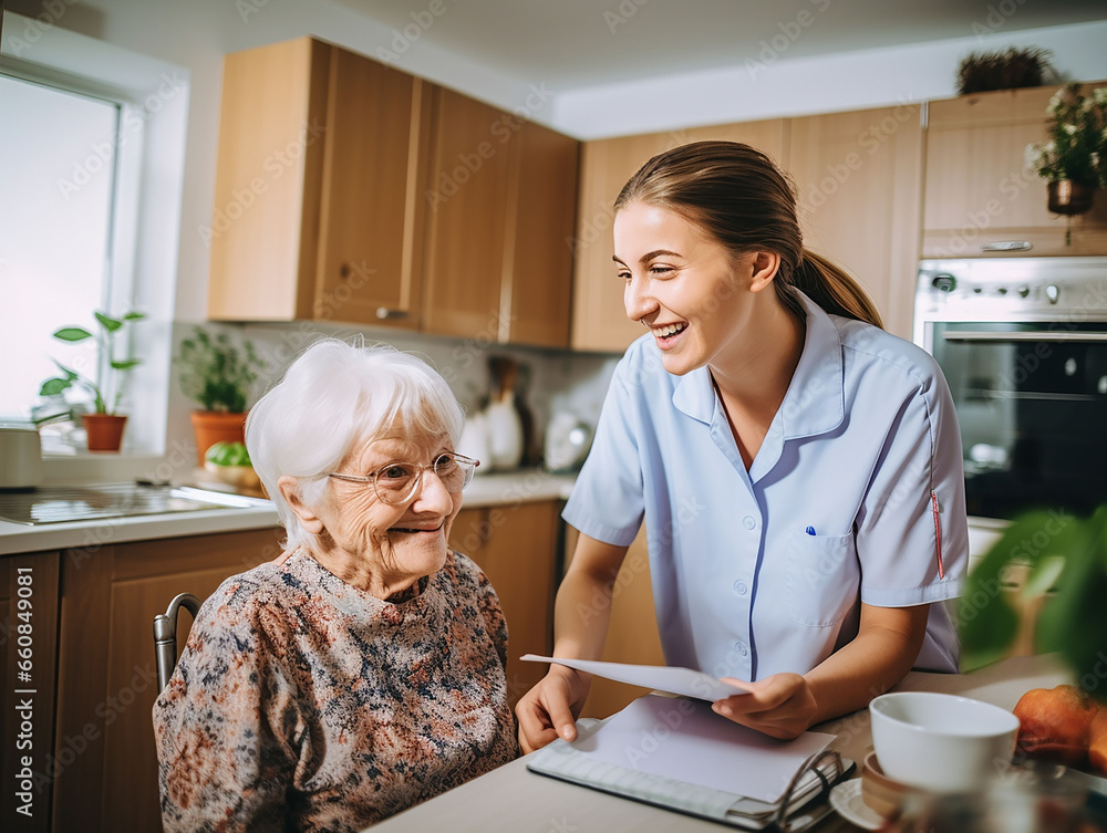 nurse explains to an elderly patient how to use the tablets during a home visit nurse explains to an elderly patient how to use the tablets during a home visit