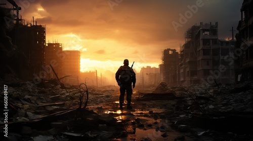Silhouette of an army man standing in the middle of the ruined city