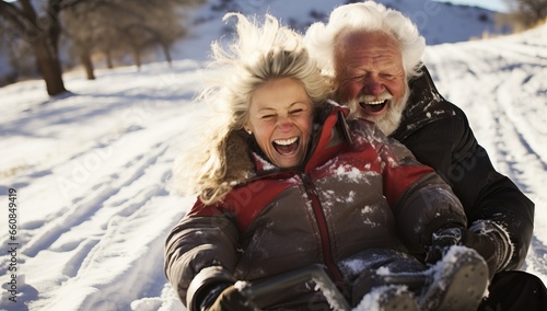 Senior Couple Having Fun In Snowy Landscape At Wintertime