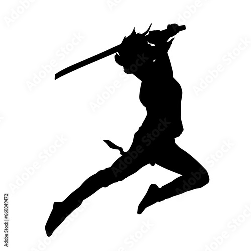 Silhouette of a female warrior in medieval costume carrying sword weapon.