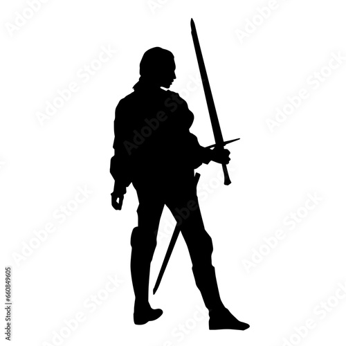 Silhouette of a female warrior in medieval costume carrying sword weapon.
