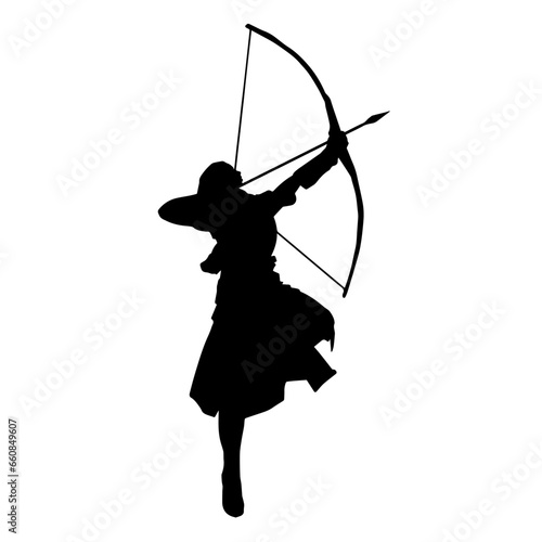 Silhouette of a female archer fighter in action pose with her arrow and bow.