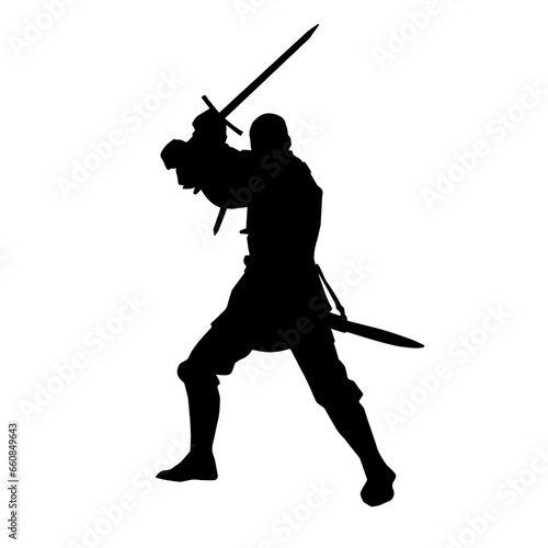 Silhouette of a male warrior in action pose with sword weapon. Silhouette of a man fighter carrying sword weapon.