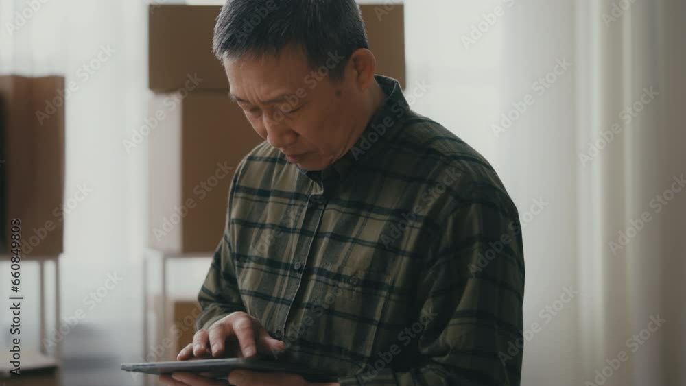 Busy senior Asian man working in delivery firm, typing on tablet, entrepreneur Busy senior Asian man working in delivery firm, typing on tablet, entrepreneur