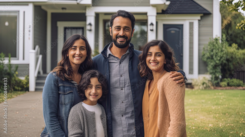 a Family in front of newly purchased house, smiling proudly. Real estate and a life goal accomplishment. Home ownership. - obrazy, fototapety, plakaty 