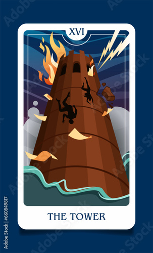 The map of the senior arcana is the tower. Occult esoteric spiritual Tarot. Numerology and fortune telling. Modern vector illustrations