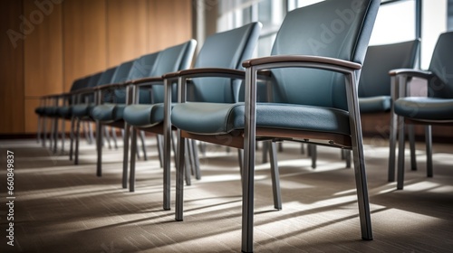 Empty office chairs lined up in a modern meeting room.