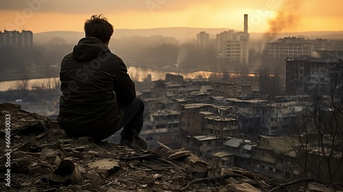 A young man sits watching a city destroyed by war
