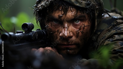 War Concept. Military man with machine gun on dark forest background.