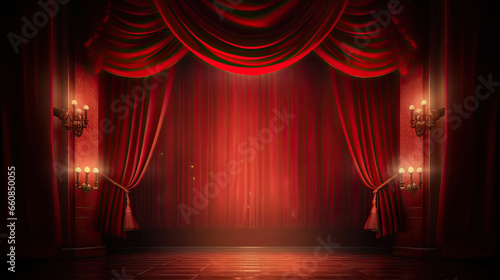 Theater stage vintage with red curtains and spotlights.