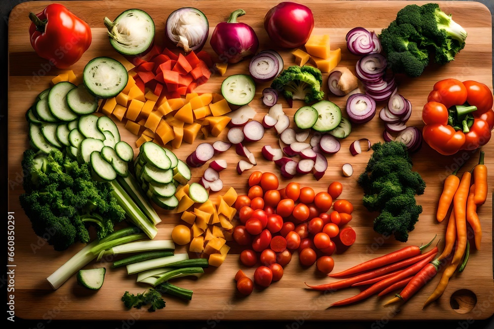 A wooden cutting board with a colorful array of chopped vegetables. A wooden cutting board with a colorful array of chopped vegetables.