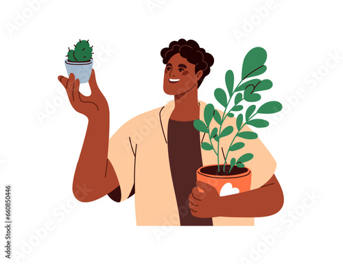 Happy black man holding plants in hands. Smiling person with flowerpots. Character growing green leaf houseplant and cactus. Botany hobby. Flat vector illustration isolated on white background
