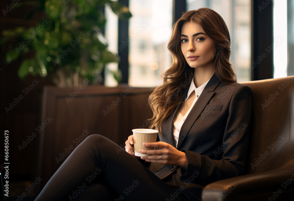 A business woman in a suit sitting on couch in an office holding a coffee mug