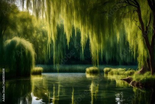 A peaceful pond surrounded by weeping willow trees, their branches gently dipping into the water.