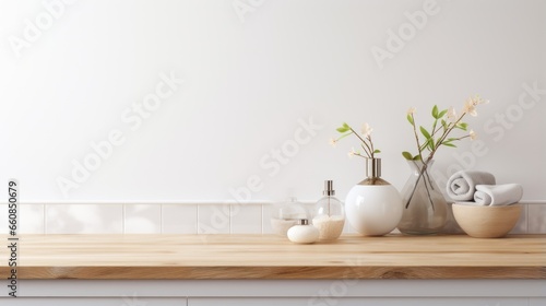 Display your products on this empty wooden table  complemented by a blurred bathroom interior background.