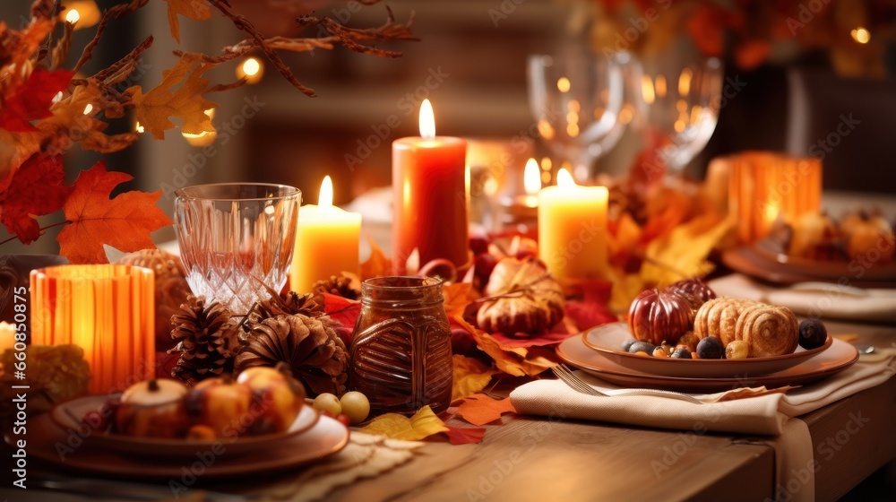 A festive Thanksgiving table setting featuring autumn leaves and candles.