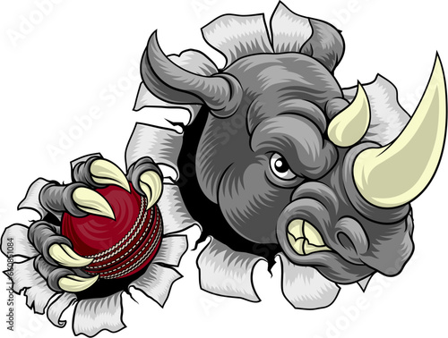 A Rhino Rhinoceros mean tough cartoon sports animal mascot holding a cricket ball