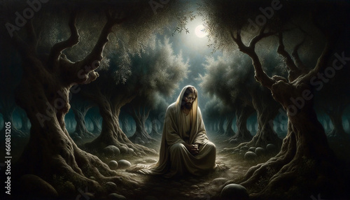Slika na platnu Praying Alone in the Garden of Gethsemane: Jesus Christ's Solitary Prayer amidst the Agony of his Sacrifice, Betrayal and Crucifixion