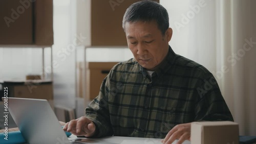 Asian man entrepreneur feeling frustrated in his office, unprofitable business photo