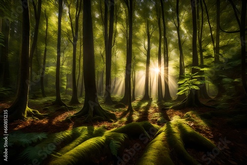A lush  vibrant forest scene with sunlight filtering through the trees  creating dramatic shadows on the forest floor.