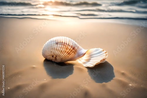 A single seashell resting on a smooth, sandy beach with the waves gently approaching.