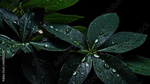 Glistening raindrops enhance the appearance of dark leaves against a deep black backdrop.