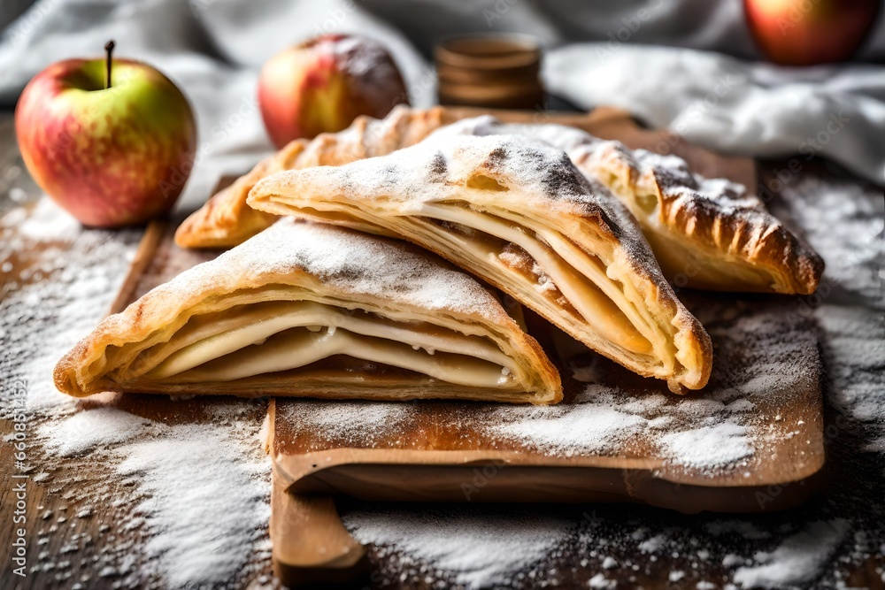A close-up of a flaky and golden-brown apple turnover dusted with powdered sugar
