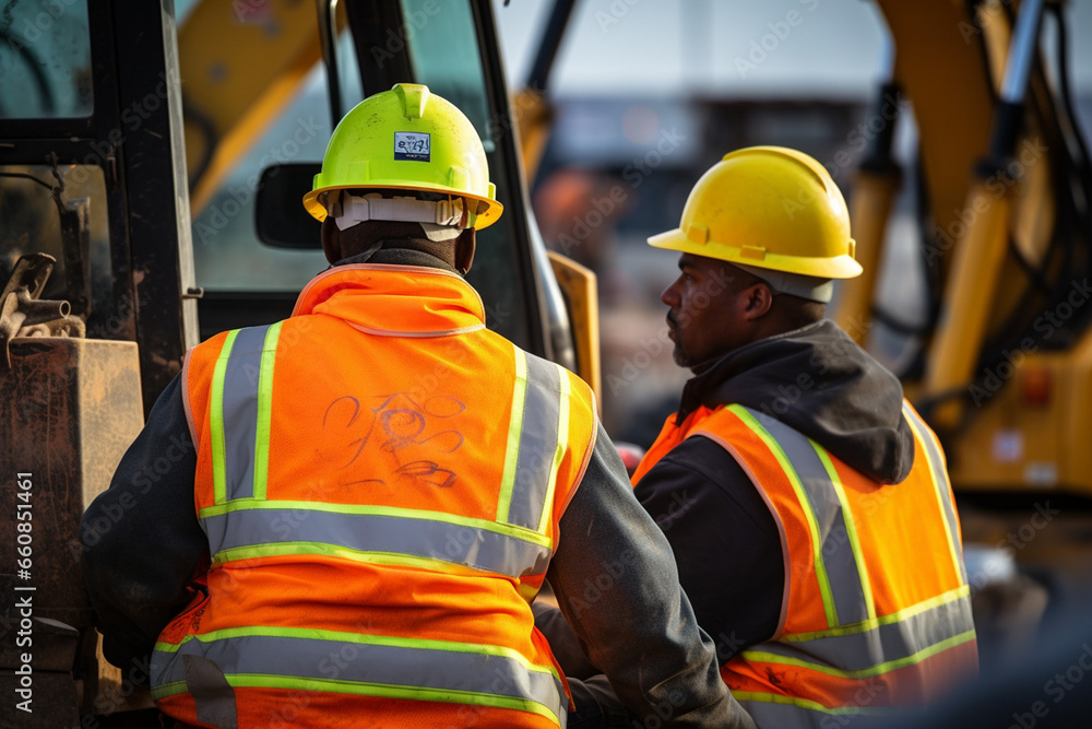 Dynamic Collaboration: Construction Workers Operating Heavy Machinery with Precision and Focus at a Construction Site Dynamic Collaboration: Construction Workers Operating Heavy Machinery with Precision and Focus at a Construction Site