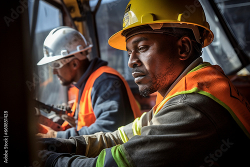 Dynamic Collaboration: Construction Workers Operating Heavy Machinery with Precision and Focus at a Construction Site