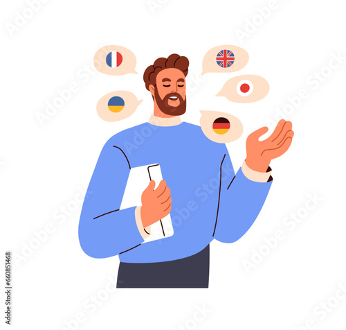 Polyglot, multilingual speaker. Man speaking many different foreign languages, talking, studying, knowing English, Gernan, French, Japanese. Flat vector illustration isolated on white background