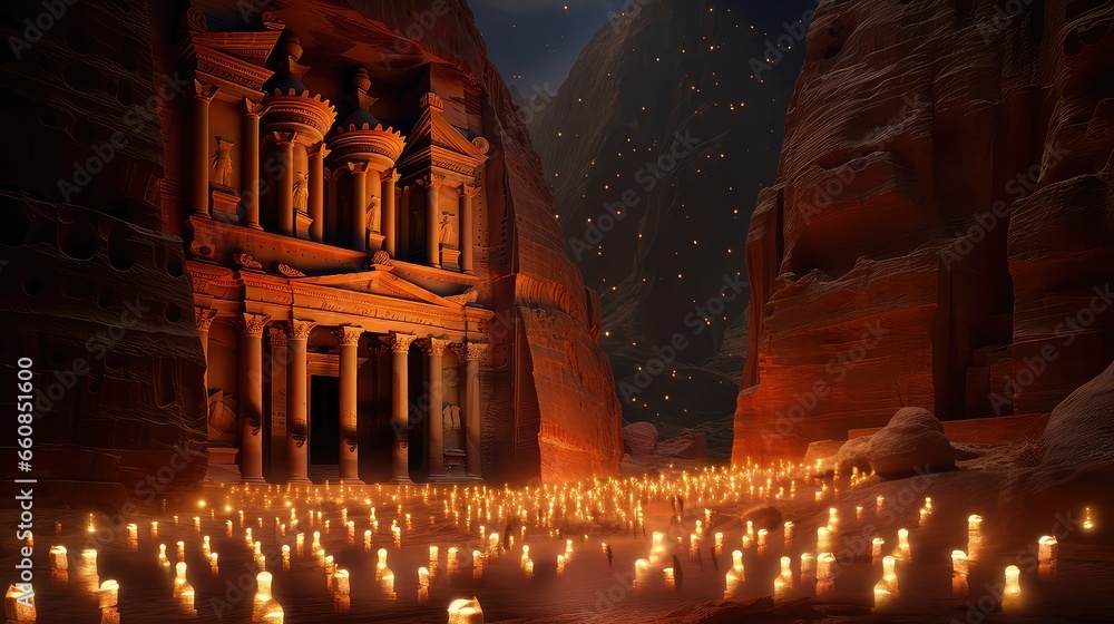 Petra by night ultra realistic illustration - Generative AI.