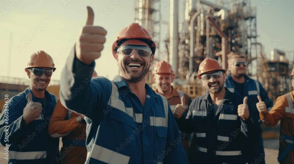 Group of professional petroleum engineer feeling happy and successful after hard working at the exploration of petroleum site oil construction. - obrazy, fototapety, plakaty 
