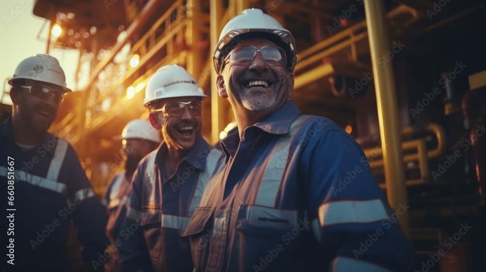 Group of professional petroleum engineer feeling happy and successful after hard working at the exploration of petroleum site oil construction.