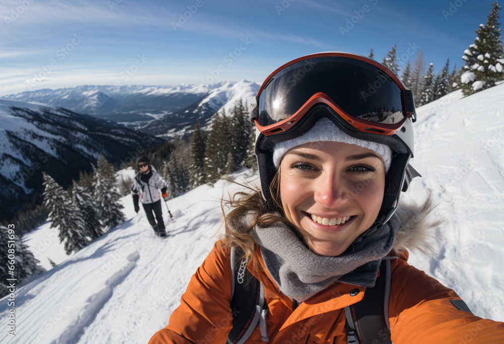 Selfie of a young 22s year old  northern European woman with ski goggles in ski clothing and helmet skiing content and happy on top of snowy mountain 