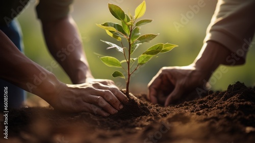 Close up human hands planting trees environment restoration, SCG concept, save the world and earth day.