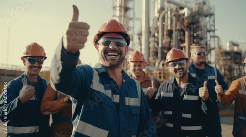Group of professional petroleum engineer feeling happy and successful after hard working at the exploration of petroleum site oil construction.