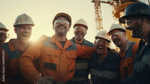 Group of professional petroleum engineer feeling happy and successful after hard working at the exploration of petroleum site oil construction.