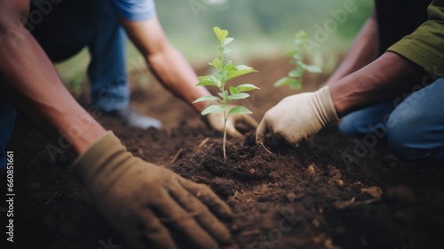 Close up human hands planting trees environment restoration, SCG concept, save the world and earth day.