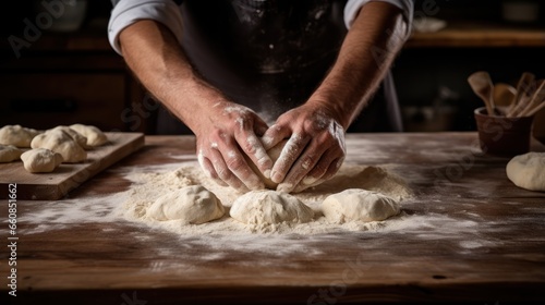 Hands rolling out dough on a wooden table.