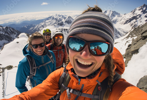 Group selfie of a young northern European woman and her good friends with ski goggles in ski clothing and helmet skiing content and happy on top of snowy mountain 