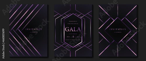 Luxury invitation card background vector. Golden elegant geometric shape, purple lines gradient on dark background. Premium design illustration for gala card, grand opening, party invitation, wedding.