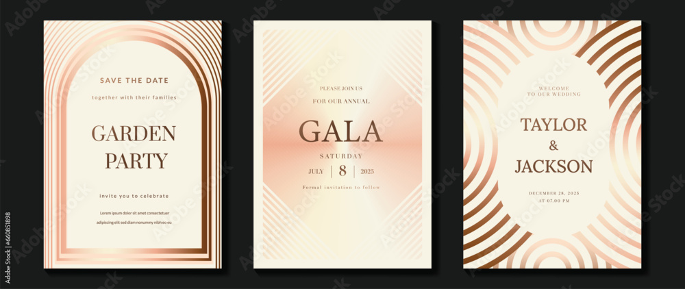 Luxury invitation card background vector. Golden elegant geometric shape, rose gold lines gradient on light background. Premium design illustration for gala card, grand opening, party invitation.
