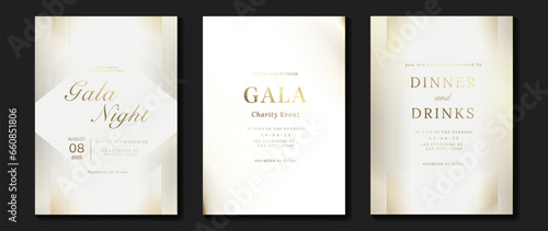 Luxury invitation card background vector. Golden elegant geometric shape, gold lines gradient on light background. Premium design illustration for gala card, grand opening, wedding, party invitation.