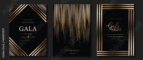 Luxury invitation card background vector. Golden elegant geometric shape, gold lines gradient on dark background. Premium design illustration for gala card, grand opening, wedding, party invitation.