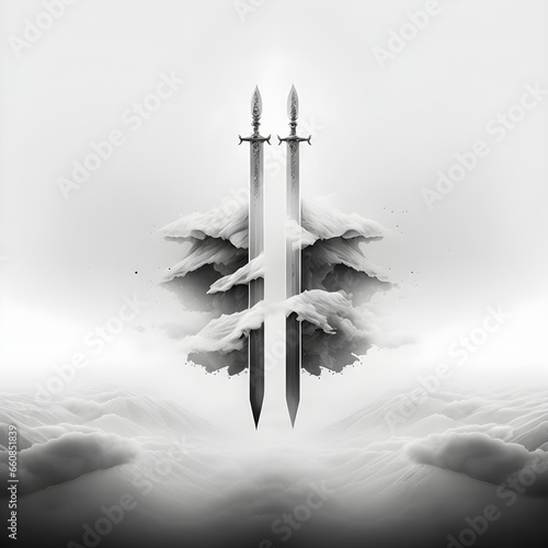flying swords on white planet fog 