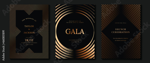 Luxury invitation card background vector. Golden elegant geometric shape, gold lines gradient on dark background. Premium design illustration for gala card, grand opening, party invitation, wedding.