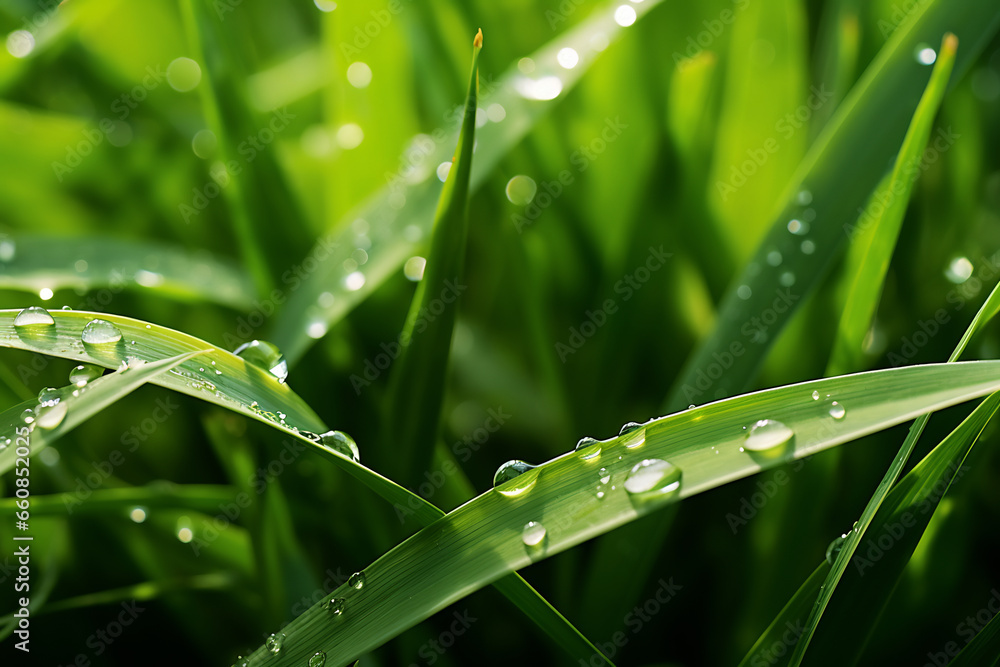 Fresh Dew Drops on Lush Green Blade of Grass Fresh Dew Drops on Lush Green Blade of Grass